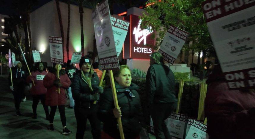 Striking workers protest outside casino hotel