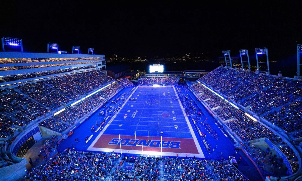 Illuminated Boise stadium at night