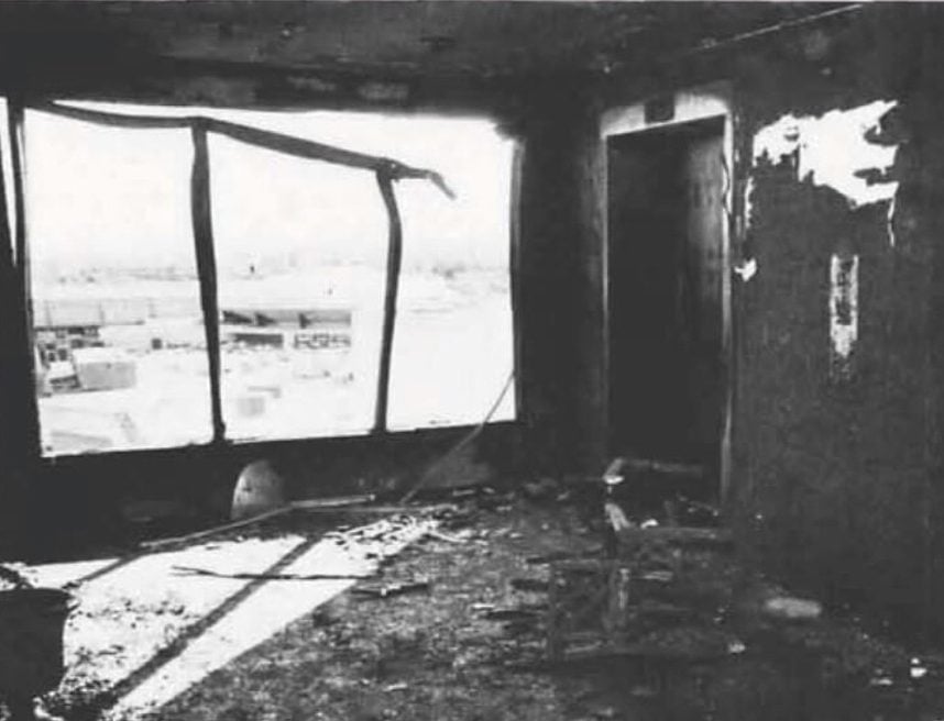 Burned Hilton hotel room interior