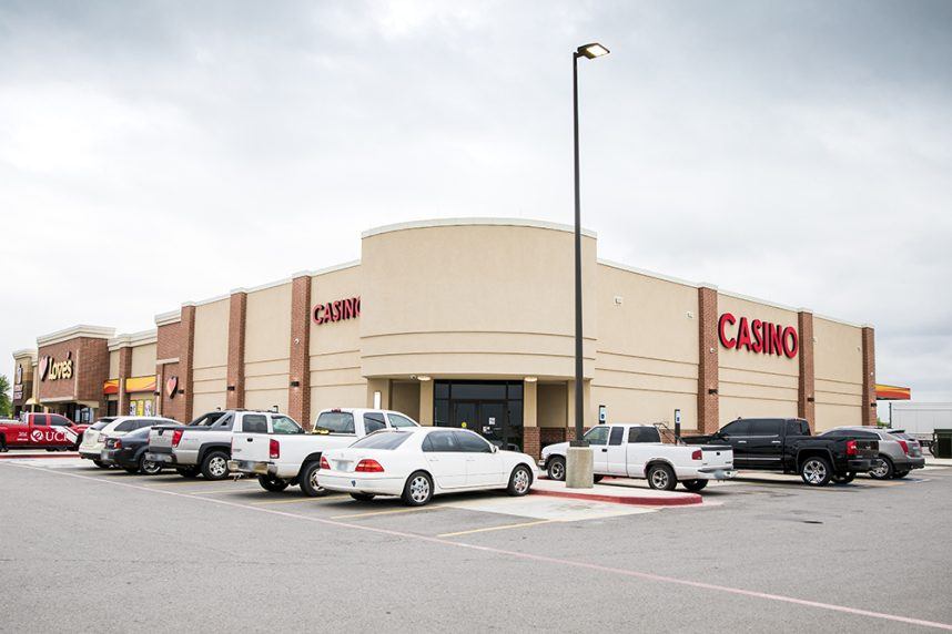 Newcastle casino with parked vehicles