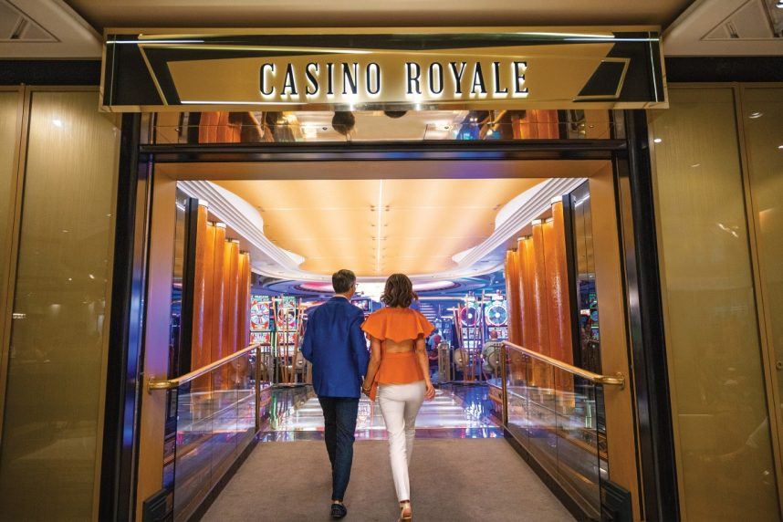 Couple entering cruise ship casino entrance