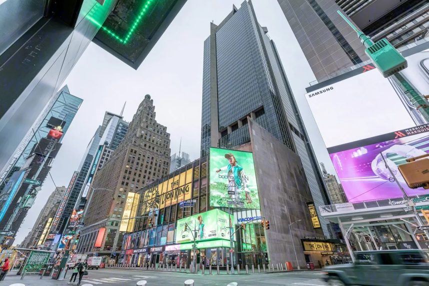 Times Square at night with billboards