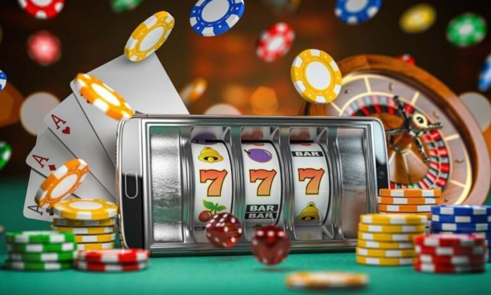 Smartphone showing slots and casino chips