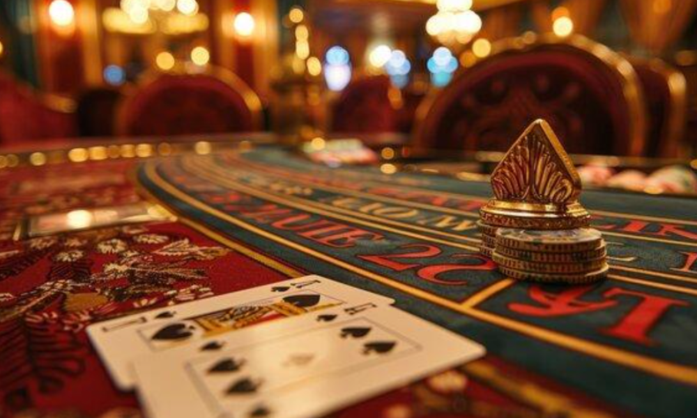 Casino gaming table with green felt