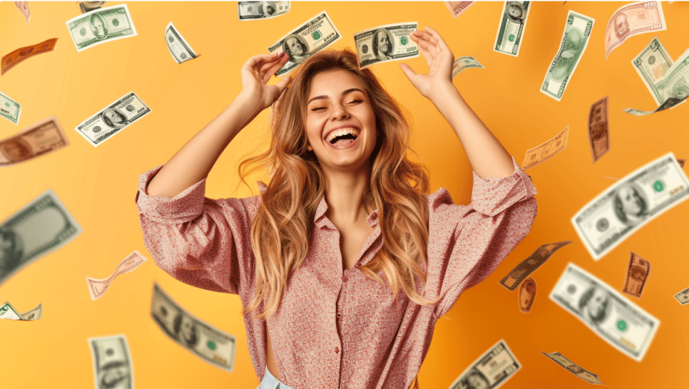 Woman amid raining dollar bills